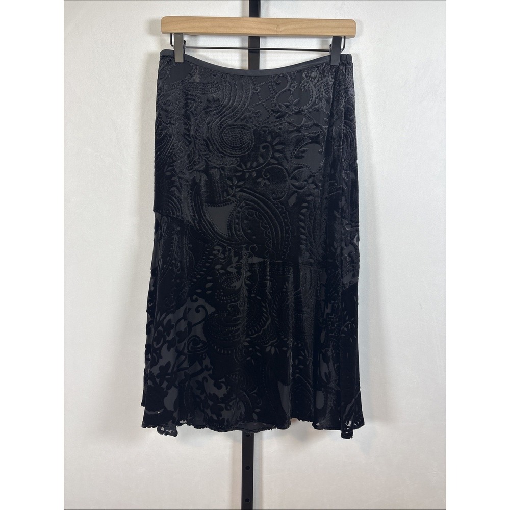 Ann Taylor Black Velvet Burnout Midi Skirt Womens 6 Silk Dark Romance Whimsigoth
